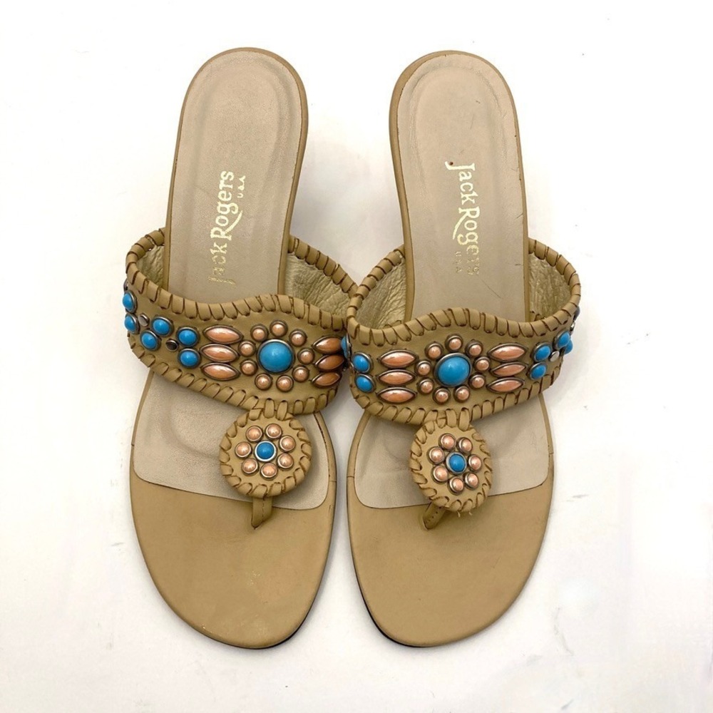 Jack Rogers Navajo Kitten Heel Sandals Beaded Tan Leather Womens 8 Southwestern